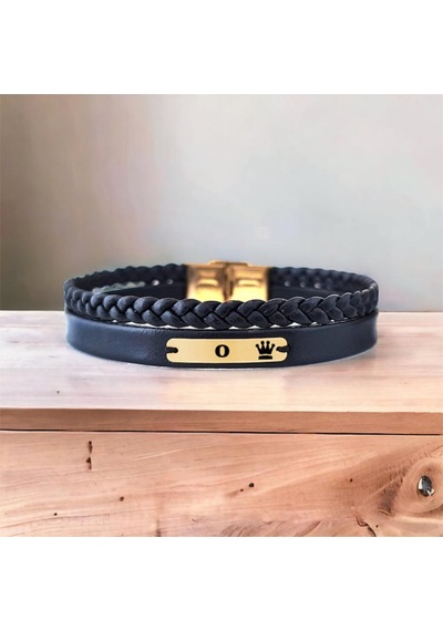 Archin O Harfine Özel Taç Figürlü Doğal Siyah Derili 14 Ayar Altın Plakalı Hediye Bileklik-580harf O Archin O Harfine Özel Taç Figürlü Doğal Siyah Derili 14 Ayar Altın Plakalı Hediye Bileklik-580harf O