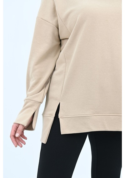 Kadın Büyük Beden Oversize Yırtmaç Detaylı Sweatshirt 1865-25 Bej