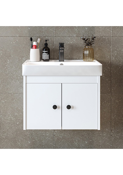 Ada Lavabolu Mat Suntalam Banyo Alt Dolabı 60 Cm Beyaz Mat Beyaz