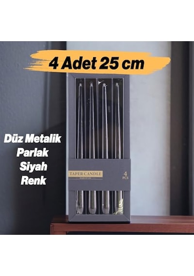Şamdan Mum 4'lü Metalik Boya Siyah Dekoratif Mumu Kandil Hediyelik Fitilli Mumluk Parlak Siyah 25 Cm Diğer