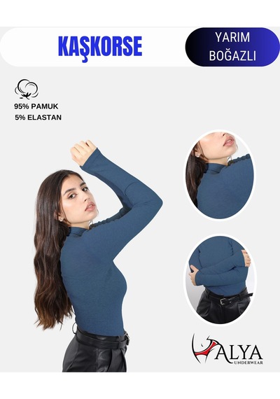 Alya Underwear Kaşkorse Yarım Boğaz Body Sweatshirt, Fitilli Kumaş, Likralı, Bordo İndigo Melanj