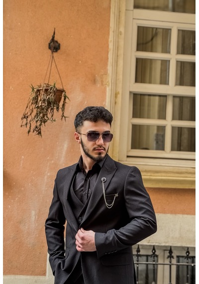 Dupont Classics Dupont Erkek Slim Fit 6 Drop Çift Yırtmaç Yelekli Takım Elbise Siyah