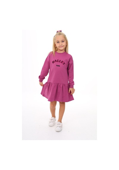 Toontoy Kız Çocuk Baskılı Regular Fit Bisiklet Yaka Uzun Kollu Lastikli Elbise Mor