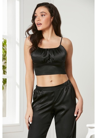 Pierre Cardin 2075 Kadın Saten Sabahlıklı Pijama Takım-siyah Siyah
