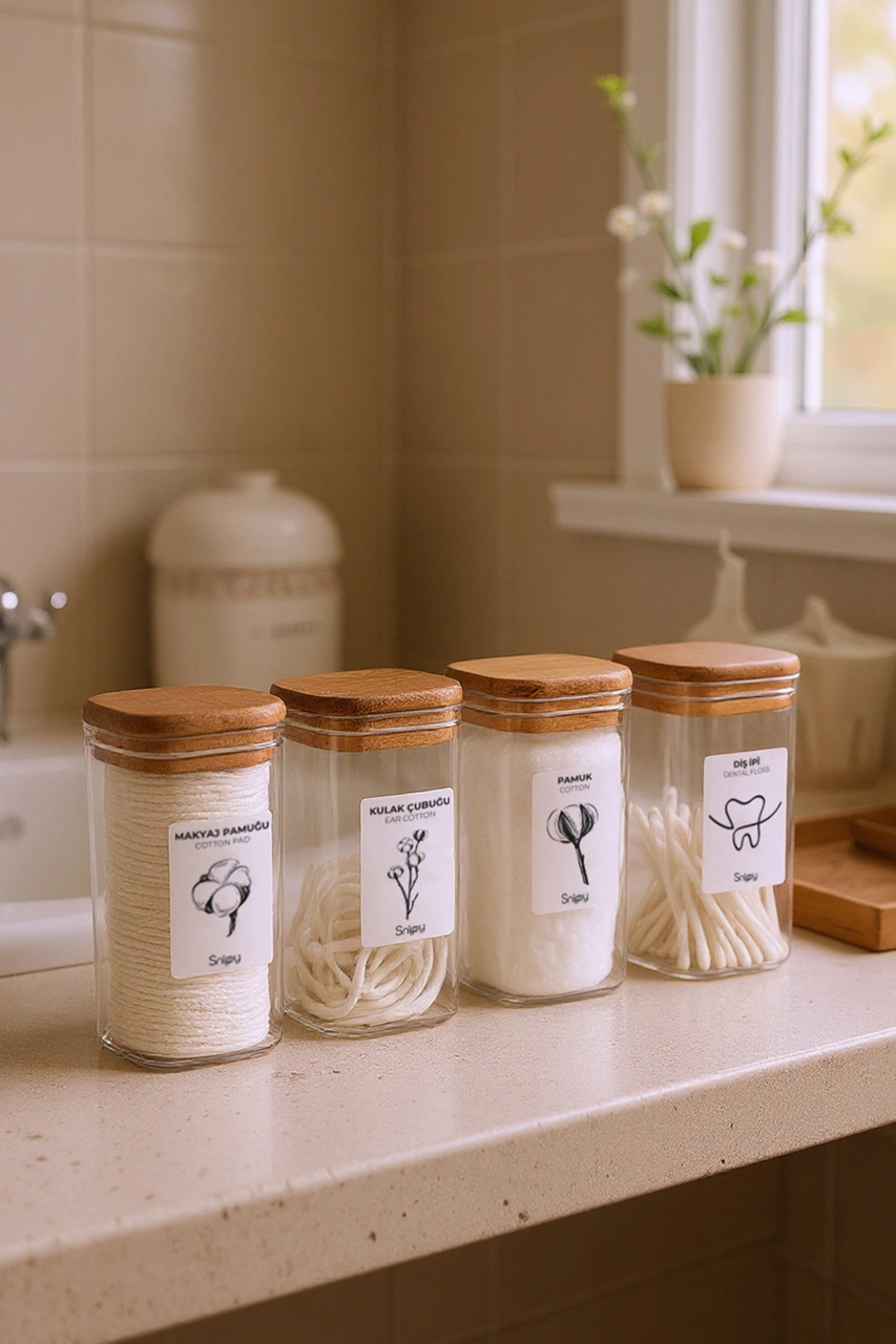 Luvo - 4'lü Kare Ahşap Vakum Kapaklı Banyo Organizeri Plastik Banyo Seti Etiketli Düzenleyici 350 Ml Ahşap