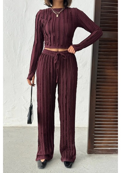 Trend Alisse Bordo Kışlık Premium Fitilli Parmak Geçmeli Crop Bluz Bol Paça Pantolon Takımı
