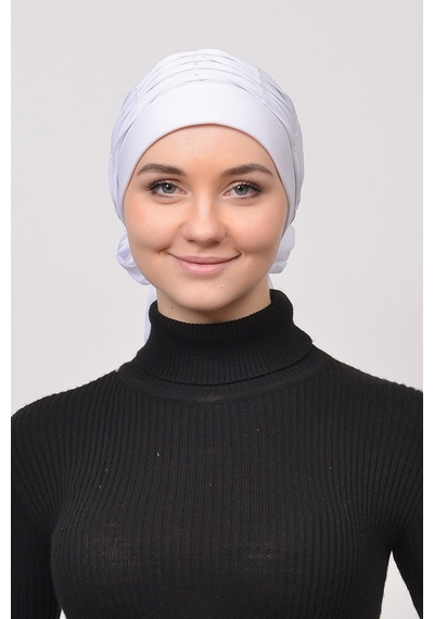 Altobeh Pileli İncili Nervür Tesettür Bone - Beyaz Çok Renkli Altobeh Pileli İncili Nervür Tesettür Bone - Beyaz Çok Renkli