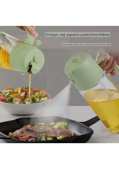 Cam Yağdanlık Çift Fonksiyonlu 500ml Kulplu Zeytinyağı Sıvıyağ Şişesi Airfryer Sprey Yağlık Yeşil Diğer