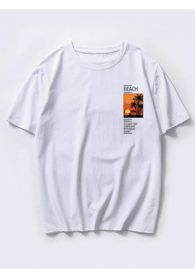 T-shirt - Beach Baskılı Oversize Bisiklet Yaka Kısa Kol Tişört Beyaz