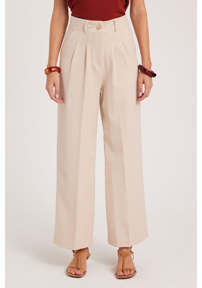 Tudors Kadın Regular Fit Klasik Kesim Yüksel Bel Geniş Paça Bej Pantolon-39545 Bej