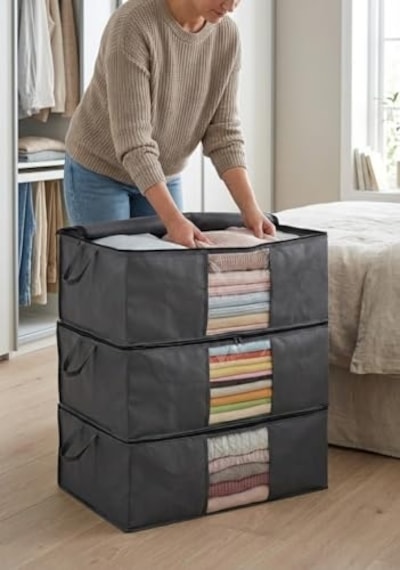 3'lü Siyah Pencereli Hurç Seti 64x45x22 Cm Bez Kumaş Baza Altı Organizer, Şeffaf Pencereli Hurç, Giysi Ve Nevr Diğer
