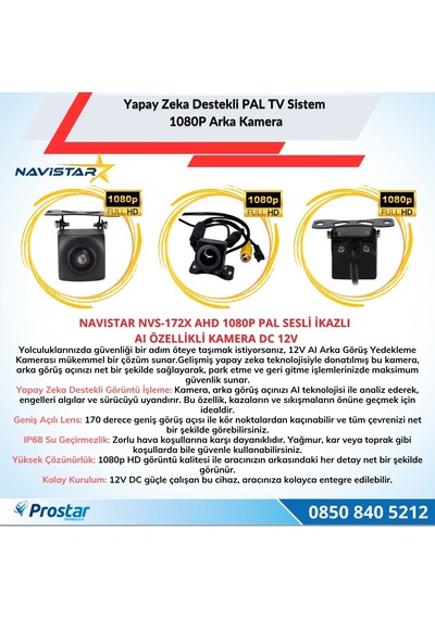 Yapay Zeka Özellikli Arka Görüş Kamerası Ahd 1080p Pal Sesli İkazlı Dc 12v