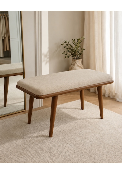 Ganni Home Oslo Bench Krem Ceviz Gürgen İskeletli, Döşemeli Modern Yemek Odası Bench Krem - Ceviz