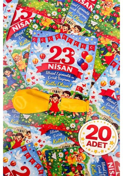 20 Adet 23 Nisan Şeker Ve Balon Konulabilen Tebrik Kartı 20'li Set Sınıf Dağıtımlık Hediyelik Kart