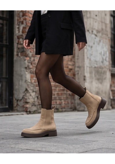 Futsishoes Freya Camel Hakiki Süet Deri Lastikli Kalın Taban Günlük Şık Kadın Bot