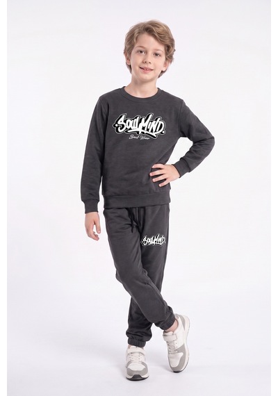 Panios Kids Erkek Çocuk Baskılı Bisiklet Yaka Çift Cepli Eşofman Takımı Füme