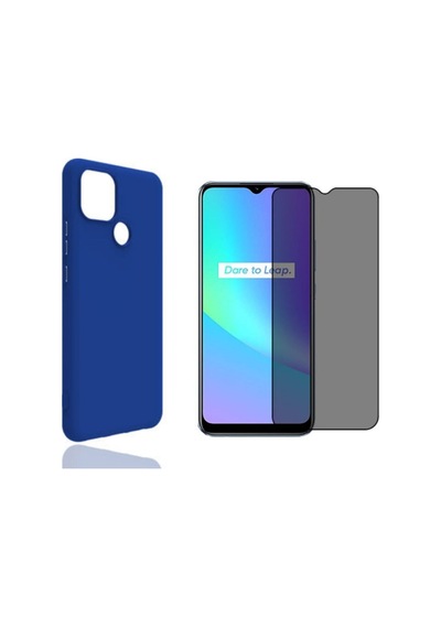 Oppo Realme C25 Yumuşak Soft Silikon Telefon Kılıfı Ve Privacy Hayalet Tam Kaplar Cam Ekran Koruyucu Col181919-mavi