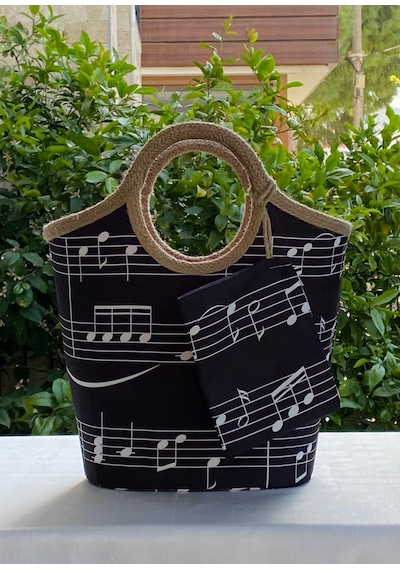 Jüt Hasır Notalar Plaj Çantası Siyah - Beyaz