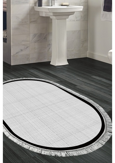 Kaymaz Taban Djt Banyo Mutfak Salon Halı Trend Saçaklı Oval Dokuma Desen E5007 Açık Gri