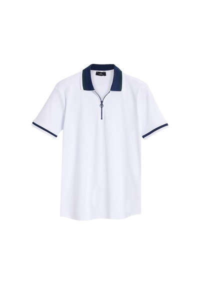 Tudors Erkek Slim Fit Dar Kesim %100 Pamuk Kısa Kollu Yarım Fermuarlı Beyaz Polo Yaka Tişört-50744