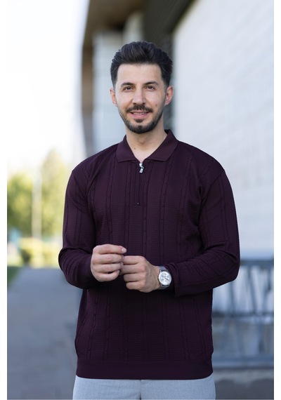 Hk Premium Triko Kazak Polo Yaka Fermuarlı Slim Fit Bordo