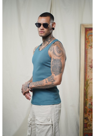 Slim Fit Kaşkorseli Esnek Düz Erkek Sporcu Atlet Petrol