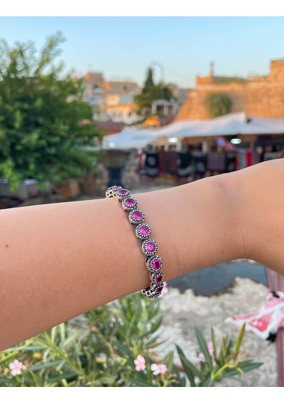 Büyük Boy Markazit Yuvarlak Pembe Kuvars Taşlı 925 Ayar Gümüş Kadın Bilezik 201025754 Çok Renkli