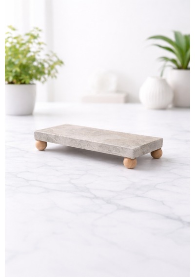 Doğal Mermer Organizer 12x25 Cm Ahşap Ayaklı Banyo Düzenleyici & Yağdanlık Altlığı Stand Bej