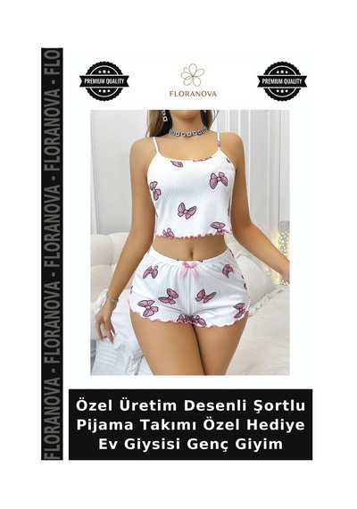 Floranova Özel Üretim Desenli Şortlu Pijama Takımı Özel Hediye Ev Giysisi Genç Giyim Beyaz - Pembe