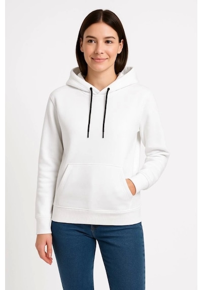 Üç İplik Kapüşonlu Kanguru Çepli Sweatshirt Hoodie - Beyaz Beyaz