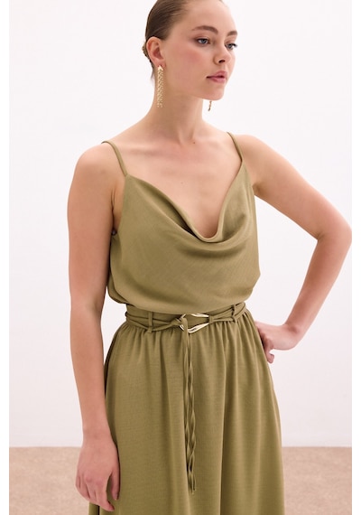Sateen Degaje Yaka Dökümlü Bluz - Haki-136057 Haki