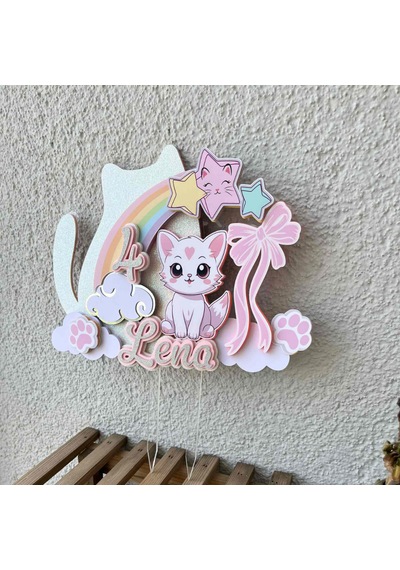 Kedi Temalı Kız Çocuk Doğum Günü İsme Özel 3d Pasta Parti Süsü Cake Topper Çocuk