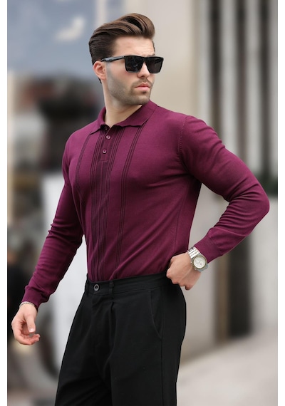 Madmext Mor Polo Yaka Çizgili Erkek Triko Kazak 7265 Mor