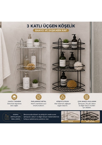 K13-011 3 Katlı & Üçgen Siyah Metal Banyo Köşelik & Duşkabin Raf 12'li Paket