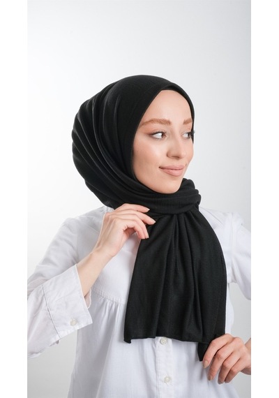 Hürrem Bone Siyah Pratik Hazır Geçmeli Tesettür Şal Örme Kumaş Sade 2118_01