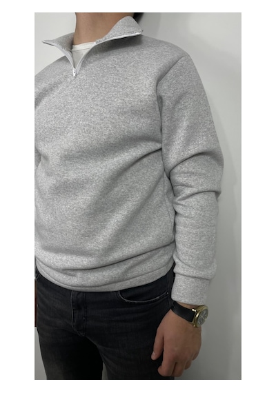 Yarım Fermuarlı Erkek Polar Sweatshirt - Sıcak Tutan , Rahat Kalıp Açık Gri