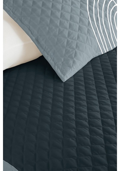 Mavi Geometrik Modern Genç Odası Tek Kişilik Pike Takımı - Antrasit 160x220 Cm Kapitone Yatak Örtüsü Keten Ufuk Harmonu