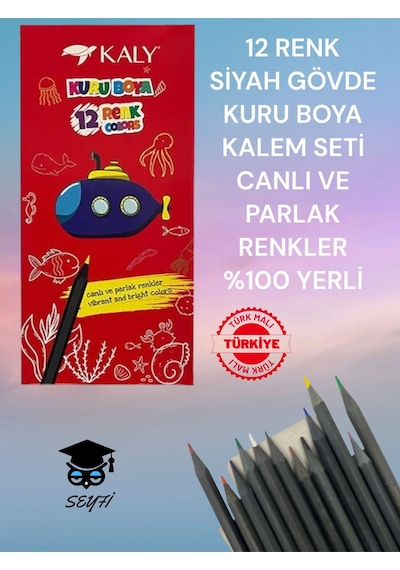 12 Renk Siyah Gövde Kuru Boya Kalem Seti Canlı Ve Parlak Renkler %100 Yerli Çok Renkli