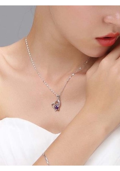 Brezza Lusso Jewelry Gümüş Love Yazılı Mor Zirkon Taşlı Kalp Kadın Gümüş Kolye 45 CM