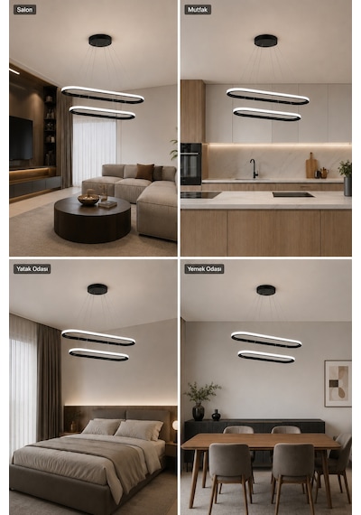 AvizeGO Elipso 2'li Led Sarkıt Avize Beyaz Işık Siyah