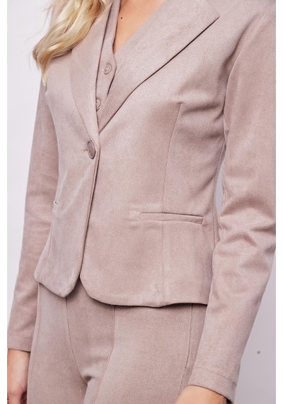 Kadın Kadife Likralı Yumuşak Dokulu Flato Cepli Uzun Kol Düğmeli Blazer Mono Ceket-bej Bej