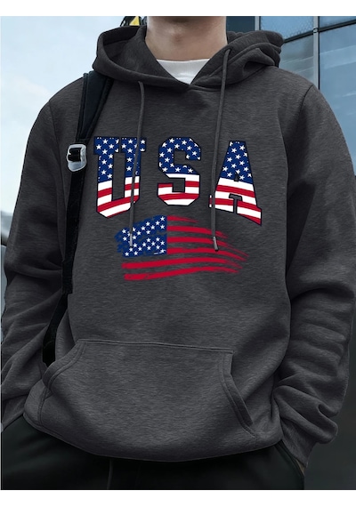 Tarzsokak Abd Amerika Bayrağı Baskı Erkek Tişörtü Kış Polar Sıcak Kapüşonlular Temelleri Büyük Boy Cep Antrasit