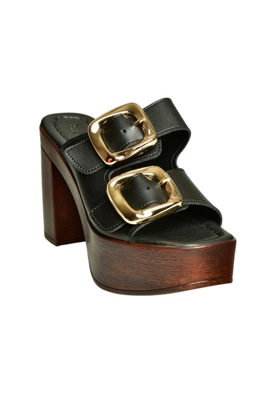 Fox Shoes U820376609 Siyah Kalın Topuklu Kadın Terlik Siyah-suni Deri