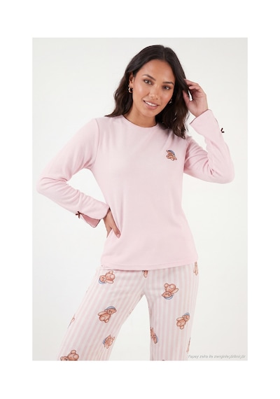 Lela Ayıcık Desenli Lastikli Bel Uzun Kollu Yumuşak Dokulu Pijama Takımı Kadın Pijama Takımı 6575023 Pembe