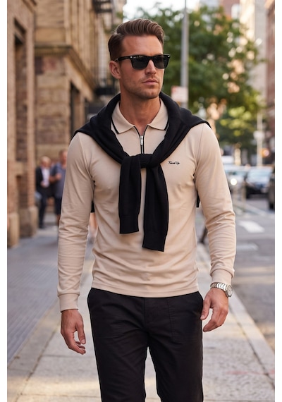 Deepsea Erkek Slim Fit Tüylenmeyen Fermuarlı Polo Yaka Bej Sweatshirt Yumuşak Dokulu Sweat 2708517 Deepsea Erkek Slim Fit Tüylenmeyen Fermuarlı Polo Yaka Bej Sweatshirt Yumuşak Dokulu Sweat 2708517