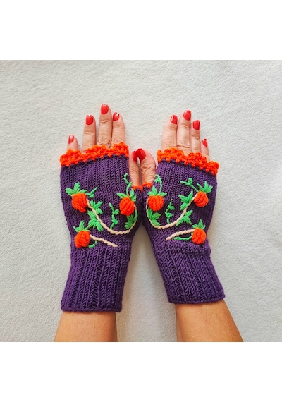 Newdaycraft El Örgüsü Motifli Parmaksız Eldiven / Bileklik - Halloween Mor Koyu Mor