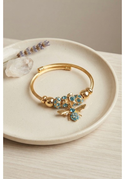 Mavi Arı Model Gold Renk Charm Bileklik Açık Mavi