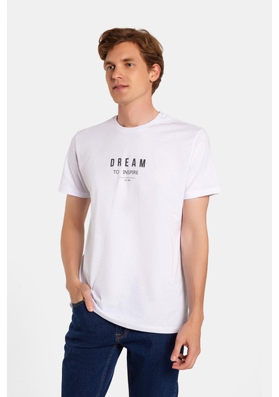 Tudors Erkek Slim Fit Dar Kesim %100 Pamuk Yumuşak Dokulu Baskılı Siyah Bisiklet Yaka Tişört-34724 Beyaz