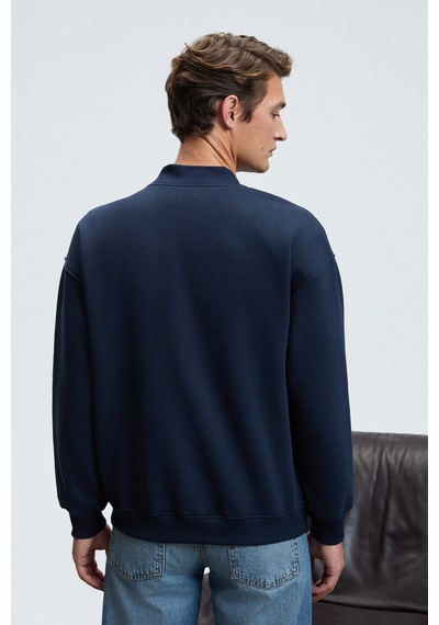 Grimelange JETHRO Erkek Bomber Yaka Patlı Düğmeli Göğsü Nakışlı Relaxed Fit Lacivert Sweatshirt