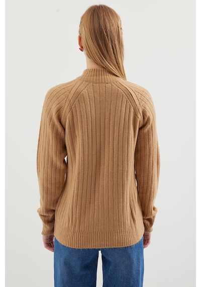 Bigdart 15880 Fermuarlı Triko Hırka - Camel 001